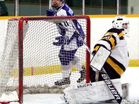 Sudbury Nickel Capital Wolves' Connor Tessier (11) celebrates his power-play goal on New Liskeard Cubs goalie Ty Sparling at Gerry McCrory Countryside Sports Complex on Saturday. Sudbury won 5-4 and went on to defeat the North Bay Trappers 7-4 on Sunday. Ben Leeson/The Sudbury Star/Postmedia Network