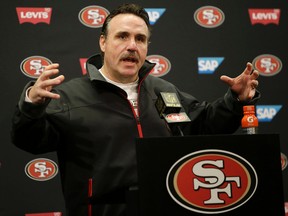 San Francisco 49ers head coach Jim Tomsula speaks at a news conference after an NFL football game against the St. Louis Rams in Santa Clara, Calif., Sunday, Jan. 3, 2016. The 49ers won 19-16 in overtime. (AP Photo/Marcio Jose Sanchez)