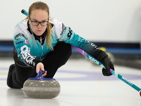 Jessie Kaufman makes a shot during a game against Karynn Flory at the Northern Alberta Curling Association Scotties Women Northern Playdown at the St. Albert Curling Club, in St. Albert Alta. on Sunday Jan. 3, 2016. David Bloom/Edmonton Sun/Postmedia Network