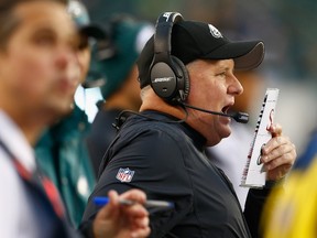 Head coach Chip Kelly of the Philadelphia Eagles reacts in the fourth quarter against the Tampa Bay Buccaneers at Lincoln Financial Field on November 22, 2015 in Philadelphia, Pennsylvania.   Rich Schultz/Getty Images/AFP