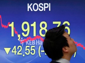 A currency trader walks by the screen showing the Korea Composite Stock Price Index (KOSPI) at the foreign exchange dealing room in Seoul, South Korea, Monday, Jan. 4, 2016. Asian stock markets started 2016 on a weak note Monday as poor manufacturing data from the world's second-largest economy and escalating tensions in the Middle East weighed on investor sentiment. (AP Photo/Lee Jin-man)