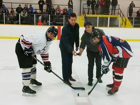 (LEFT TO RIGHT)-Representing the South division is Central Perth Taylor Stahlke, Former NHL player, Dave McLlwain, Scott Campbell and representing the North South Bruce Josh Busby.(Contributed photo)