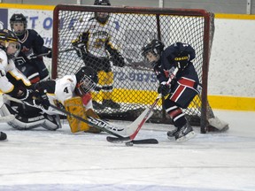 The Mitchell Novice hockey team ended 2015 with a bang – winning the Regional Silver Stick championship in Kincardine late last week, then followed that up with the Hawks’ Cup tournament championship on home ice this past weekend, Jan. 2 and 3. Above, Jordan Visneskie (10) of the Novices gets his stick on this loose puck in front of goalie Jack Bree (4) and before St. Marys’ Griffin McGregor (7) can take a shot during round robin action Saturday morning. The same teams squared off in the division final with Mitchell hanging on for a 3-2 victory.  ANDY BADER/MITCHELL ADVOCATE