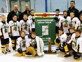 The Mitchell Novices defeated Twin Centre 5-1 to claim the Regional Silver Stick championship in Kincardine Dec. 30. Team members are (back row, left to right): Kevin Nicholson (trainer), Steve Geiger (head coach), Greg Houben (assistant coach), Kyle Marshall (assistant coach). Middle (left): Dominic Marshall, Jack Miller, Kellen Russwurm, Zach Houben, Jordan Visneskie, Ryan Hubbard, Charlie Geiger, Ben Medhurst. Front (left): Joel Meinen, Jack Bree, Hayden Nicholson, Colby Ryan, Carter O’Brien. Absent was Jamie Visneskie (trainer). SUBMITTED