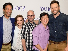 Actors Danny Pudi, Gillian Jacobs, Jim Rash, Ken Jeong, and Joel McHale attend the LA Times Envelope Emmy event for "Community" on Yahoo Screen at ArcLight Sherman Oaks on June 2, 2015 in Sherman Oaks, Calif.  (Michael Kovac/Getty Images for Yahoo/AFP)