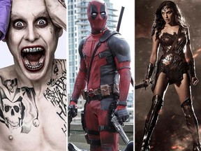 From left: Jared Leto as The Joker in Suicide Squad; Ryan Reynolds as Deadpool; Gal Gadot as Wonder Woman in Batman v Superman: Dawn of Justice. (Handout photos)