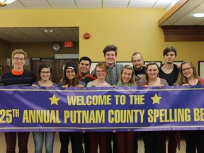Cast of 25th Annual Putnam County Spelling Bee (l-r): Patrick Avery-Kenny (Barfeé), Bernadette James (Marcy), Nikki Pasqualini (Olive), Robert Popoli (Leaf), Christine Gruenbauer (Stage Manager), Jack Phoenix (Mitch), Hailey Hill (Director), Wyatt Merkley (Vice Principal Panch), Shelby Price (Assistant Director), Stephen Ingram (Chip), Christine Rabey (Rona Lisa Peretti) Missing from photo Sammy Koladich (Logainne) and two dads and mom (Matt Butler, Sam Boer, and Abigail Veenstra). Photo supplied