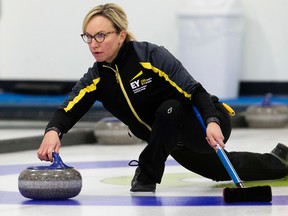 Skip Chana Martineau, shown here in competition Sunday, swapped spots with second Deanne Nichol due to back issues that cropped up just before the northern playdowns. (David Bloom, Edmonton Sun)