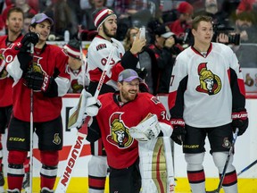 Ottawa Senators goalie Andrew Hammond (30) and teammates Shane Prince (10), Mika Zibanejad (93), and Curtis Lazar (27) enjoying the annual Sens Skills competition at Canadian Tire Centre in Ottawa on Thursday December 31, 2015. Errol McGihon/Ottawa Sun/Postmedia Network