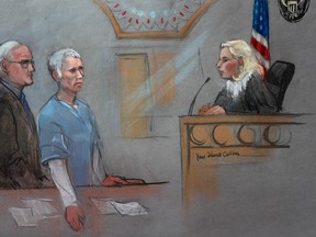 In this courtroom sketch, Catherine Greig, center, the longtime girlfriend of Whitey Bulger, is depicted with her lawyer Kevin Reddington, left, before U.S. District Court Magistrate Judge Marianne Bowler, right, during a hearing Monday, Oct. 19, 2015, in federal court in Boston. According to her lawyer, Greig will plead guilty to a federal contempt charge. (Jane Flavell Collins via AP)