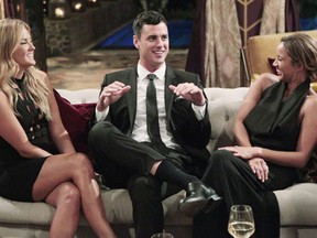 The leading man of season 20 of The Bachelor Ben Higgins, centre, sits with two bachelorettes. (ABC Handout)