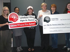 GKN Sinter employees recemtly contributed $22,101 to this year's United Way campaign in St. Thomas/Elgin. Pictured from left, plant manager Kristina Schmitt, customer service rep. Tia Campbell, purchasing assistant Connie Sanders, HR assistant Anne Cummings, production operator Bev. Love and United Way campaign coordinator Melissa Schneider.
