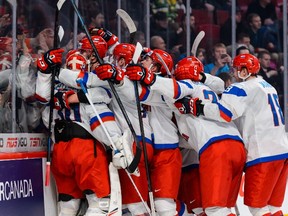 Team United States in a quarterfinal round during the 2015 IIHF World Junior Hockey Championships at the Bell Centre on January 2, 2015 in Montreal, Quebec, Canada. Team Russia defeated Team United States 3-2.   Minas Panagiotakis/Getty Images/AFP
