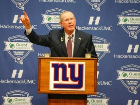 New York Giants former head coach Tom Coughlin addresses the media during a press conference at Quest Diagnostics Training Center. Jim O'Connor-USA TODAY Sports