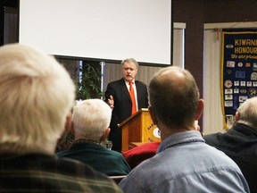 Sarnia Mayor Mike Bradley delivers his annual state of the city address to Sarnia-Lambton Golden K Kiwanis members on Tuesday January 5, 2016 in Sarnia, Ont. In his 20-minute speech, he touched on several highlights of the past year -- including the sale of the Bayside Centre -- and what he deemed as ongoing areas of concern, including labour relations with city workers. (Barbara Simpson/Sarnia Observer/Postmedia Network)