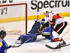 Ottawa Senators right wing Bobby Ryan dekes St. Louis Blues goalie Brian Elliott for the winning goal during overtime Monday, Jan. 4, 2016 at Scottrade Center. (Jasen Vinlove-USA TODAY Sports)