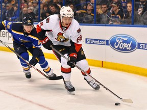 St. Louis Blues centre Paul Stastny chases Ottawa Senators left wing Mike Hoffman during NHL action at Scottrade Center Monday, Jan. 4, 2014. (Jasen Vinlove-USA TODAY Sports)