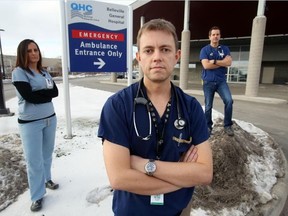 Luke Hendry/The Intelligencer
Dr. Mark Froats, centre, joins registered nurse Crystal Clark and Dr. Craig Bolton outside Belleville General Hospital's emergency wing Tuesday. Winter conditions increase the risk of what could be life-altering falls and hospital staff and doctors urge caution and planning to avoid mishaps.