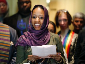 Wheaton College associate professor Larycia Hawkins talks to reporters during a news conference Wednesday, Dec. 16, 2015, in Chicago. (AP Photo/Charles Rex Arbogast)
