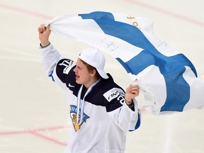 Finland's Kasperi Kapanen celebrates his team's gold medal victory at the World Junior Chamionship in Helsinki on Tuesday, Jan. 5, 2016. Kapanen scored the winning goal as Finland defeated Russian 4-3 in sudden-death overtime. (Sean Kilpatrick/THE CANADIAN PRESS)