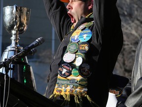 Edmonton Mayor Don Iveson cheer the Grey Cup win with the crowd during the Edmonton Eskimos' rally at Churchill Square in Edmonton, Alberta, on Tuesday, December 1, 2015. Perry Mah/RCMP /Edmonton Sun/Postmedia Network