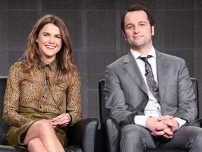 Actors Keri Russell (L) and Matthew Rhys speak onstage during the 'The Americans' panel discussion at the FX Networks portion of the Television Critics Association press tour at Langham Hotel on January 18, 2015 in Pasadena, California.   Frederick M. Brown/Getty Images/AFP