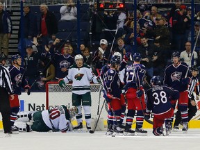 Columbus Blue Jackets centre Boone Jenner (38) celebrates a goal against the Minnesota Wild at Nationwide Arena. (Russell LaBounty/USA TODAY Sports)