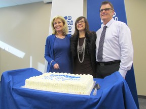 Lambton College's mobile learning initiative's designation as an Apple Distinguished Program was celebrated Wednesday. From left, college president Judith Morris, academic vice-president Donna Church and dean Rick Overeem pose for photos on Wednesday January 6, 2016 in Sarnia, Ont. (Paul Morden, The Observer)