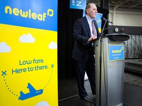 Dean Dacko, Chief Commercial Officer of NewLeaf Travel, speaks at a press conference earlier this year announcing the launch of NewLeaf Travel. (THE CANADIAN PRESS/Peter Power file photo)