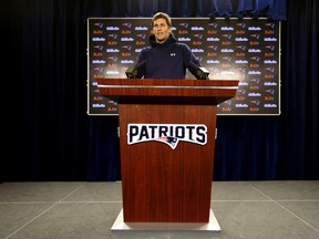 New England Patriots quarterback Tom Brady faces reporters before a scheduled practice in Foxborough, Mass., on Jan. 6, 2016. (AP Photo/Steven Senne)