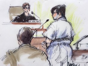 Enrique Marquez, accused in the San  Bernardino attack, is shown appearing for his arraignment in federal court in this sketch from Riverside, California January 6, 2016. (REUTERS/Mona Edwards)