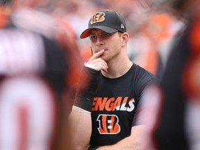 Cincinnati Bengals quarterback Andy Dalton (14) looks on from the sidelines against the Pittsburgh Steelers in the second half at Paul Brown Stadium. The Steelers won 33-20.  Aaron Doster-USA TODAY Sports