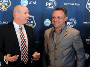 Phil Stoops of AT&T and manager Peter Nowak (right) of the Philadelphia Union speak during the MLS All-Star Game Press Conference at PPL Park on April 11, 2012 in Chester, Pennsylvania. (Drew Hallowell/Getty Images/AFP)