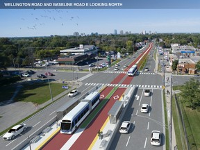 An artist’s rendering, looking north, illustrates London’s proposed bus rapid transit line at Base Line and Wellington roads