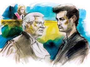 Marco Muzzo, right, is seen in court with lawyer Brian Greenspan in Newmarket Wednesday, Jan. 6, 2015. (Pam Davies sketch)