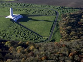 An aerial view shows Canadian National Vimy Memorial on Vimy Ridge, northern France November 1, 2015. This memorial site is dedicated to the memory of Canadian Expeditionary Force members killed during the First World War. The year 2017 will mark the centennial commemoration for the soldiers who fought during the battle of Vimy Ridge in the First World War (WWI). REUTERS/Pascal Rossignol