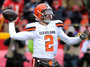 In this Dec. 27, 2015, file photo, Cleveland Browns quarterback Johnny Manziel (2) throws during the first half of an NFL football game against the Kansas City Chiefs in Kansas City, Mo. LeBron James and his business partners will no longer work with Browns quarterback Johnny Manziel, Wednesday, Jan. 6, 2016. (AP Photo/Ed Zurga, File)