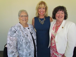 From left, Pat Davidson, Lambton College president Judith Morris and MPP Kathryn McGarry are show in this file photo taken June 24 when the federal and provincial governments announced they would each contribute $10 million for a new health building at the college. Davidson, who recently retired as MP for Sarnia-Lambton, is being honoured this month at the college's Distinguished Awards Gala. (File photo)