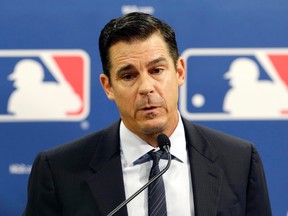 In this July 15, 2014, file photo, Billy Bean speaks during a news conference at baseball’s all-star game, in Minneapolis. (AP Photo/Paul Sancya, File)