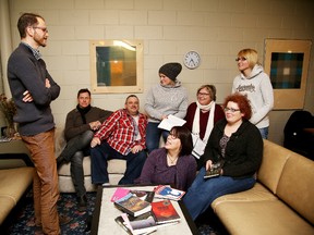 Gino Donato/Sudbury Star
Matt Heiti presides over the aspiring playwrights, reading and rehearsing for Last Stop, part of STC's Playwright Junction. From left are, Heiti, Martin Lees, Robert Dominelli, Sarah Gartshore, Beth Mairs, Julie-Anne Bolduc, Kim Fahner and Liisa Kovala.