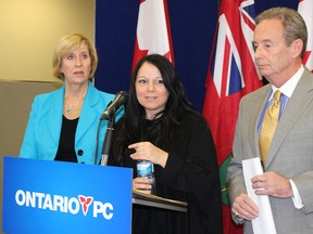From left, Progressive Conservative MPP Laurie Scott, human trafficking survivor Timea Nagy, and Whitby-Oshawa byelection PC candidate Lorne Coe call on the provincial Liberal government to adequately fund the fight against this modern form of human slavery Thursday, January 7, 2016. (Antonella Artuso/Toronto Sun)