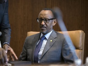 Rwandan President Paul Kagame is seen at a meeting with U.N. Secretary-General Ban Ki-moon during the United Nations General Assembly in New York on October 2, 2015. Kagame declared this month his intention to run for a third term in office after his second seven-year term expires in 2017, a move opposed by the U.S., a key ally. REUTERS/Andrew Kelly