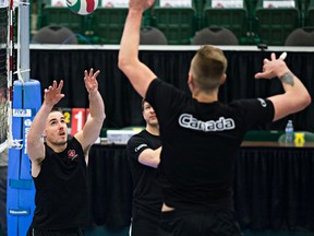 Canada's men's national team practises at the Saville Community Sports Centre on Wednesday in advance of the NORCECA Continental Qualification Tournament. (Codie McLachlan, Edmonton Sun)