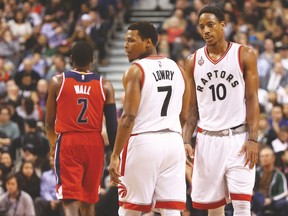 Though it’s not a given they will leave the Raptors when they opt out of the final year of their contracts, DeMar DeRozan (right) and Kyle Lowry could still both be playing elsewhere two seasons down the road. And that is a scenario that GM Masai Ujiri must be aware of when planning short term. (USA Today Sports)