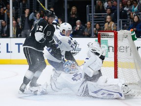 Toronto Maple Leafs goalie James Reimer prevents Los Angeles Kings right winger Marian Gaborik, from scoring while Maple Leafs defenceman Jake Gardiner helps Reimer during the second period of an NHL hockey game Jan. 7, 2016 in Los Angeles. (DANNY MOLOSHOK/AP)