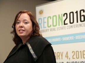 Tasha Carriere, vice-president of the Sudbury Real Estate Board, announces details of RECON2016 in Sudbury, Ont. on Thursday January 7, 2016. John Lappa/Sudbury Star/Postmedia Network