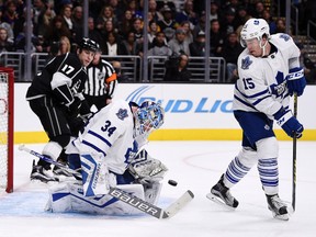 Toronto Maple Leafs goalie James Reimer, centre, stops a shot against the Los Angeles Kings during the second period at Staples Center. The Leafs lost the game 2-1. (Kelvin Kuo/USA TODAY Sports)
