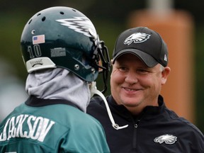 In this Sept. 16, 2013, file photo, Philadelphia Eagles wide receiver DeSean Jackson, left, meets with head coach Chip Kelly during practice at the NFL football team’s training facility, in Philadelphia. (AP Photo/Matt Rourke, File)