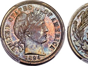 This Nov. 10, 2015, photo combination provided by Heritage Auctions, shows the front and back of a rare 1894 dime that will be put up for auction Thursday Jan. 7, 2016 in Tampa, Fla. (Heritage Auctions via AP)