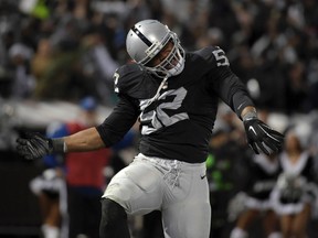 Oakland Raiders defensive end Khalil Mack celebrates after a safety against the San Diego Chargers at O.co Coliseum. (Kirby Lee/USA TODAY Sports)